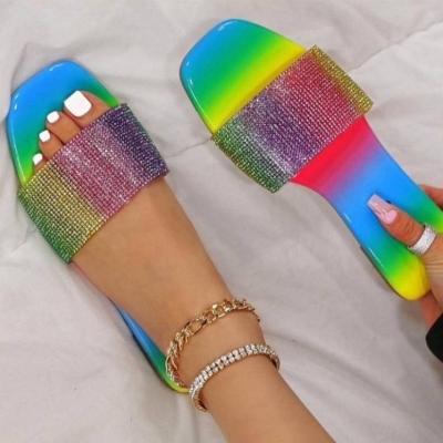 China Fashion Trend Colorful Women's Slippers 2022 New Summer Rhinestone Fashion Women's Shoes Slides Big Size Bling Flat Slippers for sale