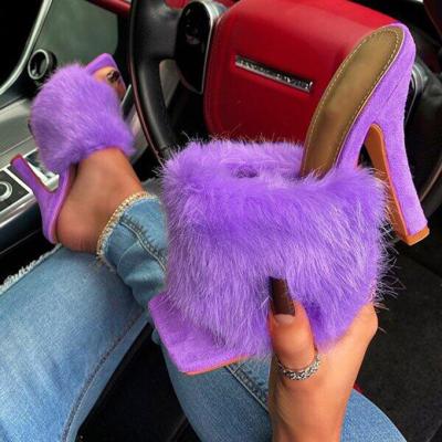 China 2022 Trend New Fashion Faux Suede Ladies High Heels Stilettos Fit Toe Slides Fluffy Faux Fur Women Heeled Sandals for sale