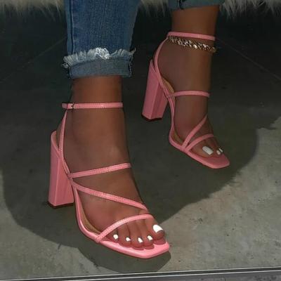 China 2022 Fashion Trend New Party Wedding Thin Strap Ladies Heeled Sandals Square Toe Pink Women Chunky High Heel Sandals for sale