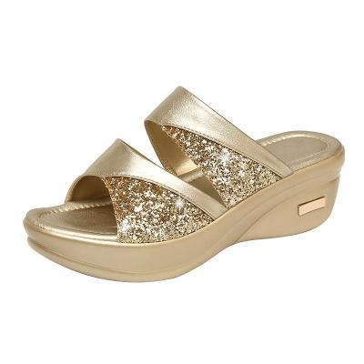 China Fashion Trend 2022 Summer Fashion Chunky Toe Women Slippers Slip On Soled Sequins PU Leather Peep Wedges Medium Heel Ladies Sandals for sale