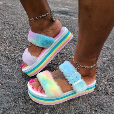 China Fashion Trend Amazon Hot Selling Women's Fur Shoes Link Dye Plush Platform Women Winter Colorful Fur Outdoor Slippers for sale