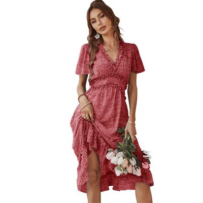 China Anti-Wrinkle 2022 Summer Fashion Hot Sale Women Dress Vintage Satin Maxi Dresses High Waist Print Soft Casual Dress for sale