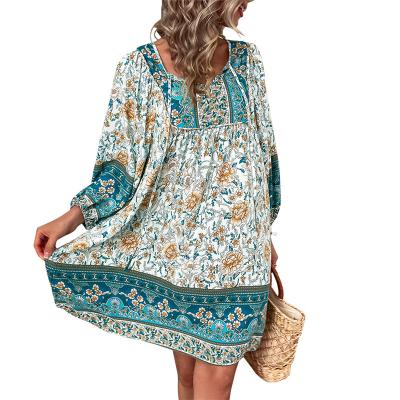 China 2022 Summer New Loose V-neck Bohemian Print Fashion Women's Dress Anti-wrinkle Short Skirt for sale