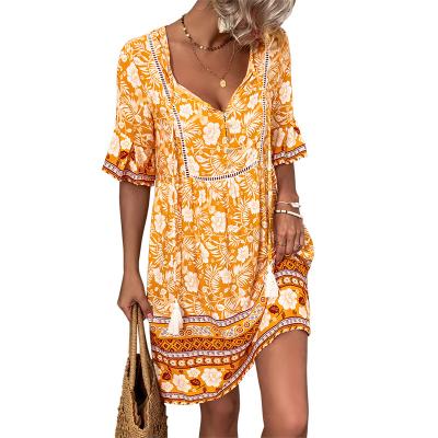 China Wholesale Custom Made Anti-wrinkle Women Dress V Neck Women Short Skirt Casual Bohemian Summer Fashion Loose Dresses for sale