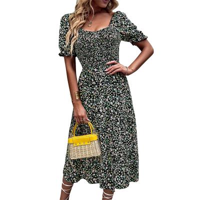 China wholesale custom fashion Anti-wrinkle high waist women dress floral V-neckline half waist sleeve casual dresses for sale