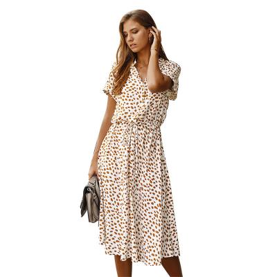 China Hot Sale Anti-wrinkle Cheap Casual Women Dress Elegant Polka Dot Print Casual Short Sleeve Beach Skirt Dress for sale