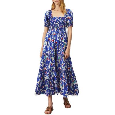 China Anti-wrinkle 2022 new summer high-end casual dresses print blue women's long stretch tube top high waist dress for sale