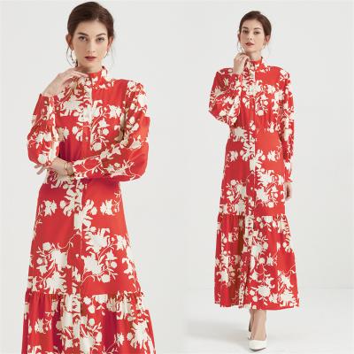 China 2022 High Quality Anti-wrinkle Vintage Yellow Floral Fashion High Women Dress Printed Casual Long Sleeve Maxi Dress for sale