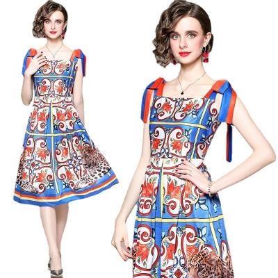 China 2022 Fashion Anti-wrinkle Butterfly Tie Small Suspender Long Skirt High Quality Printing Sexy Summer Wholesale Casual Short Sleeve Dress for sale