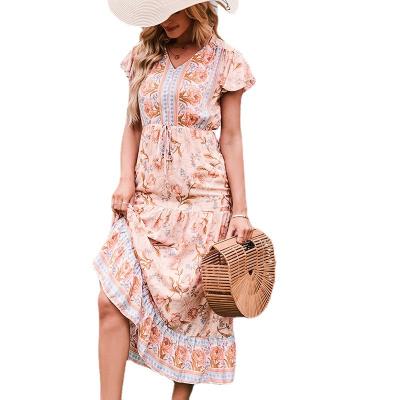 China 2022 Summer New High Waist Anti-Wrinkle Long Sleeve Women V Neck Short Dresses Bohemian Floral Dress for sale