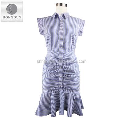 China New Design Fashion Anti-Static Women Button Down Shirt Dress Short Sleeve Stripe Bodycon Plated Dress for sale