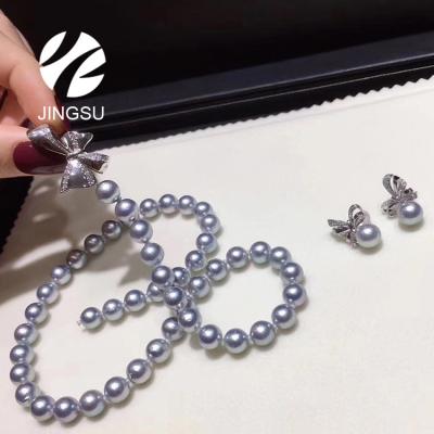 China Fashionable design color japanese akoya cultured pearl silver gray necklace with bowknot clasp for sale