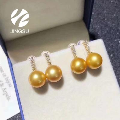 China Classic Natural Gold Color South Sea Pearl Diamonds Stud Drop Earrings With 18K Gold Design For Women for sale