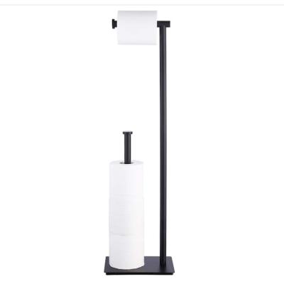 China Sustainable Modern Double Bracket Free Standing Metal Frame Black Toilet Paper Roll Holder for sale