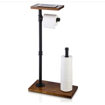 China New Viable Free Design Bathroom Iron Pipe Wooden Base Toilet Paper Holder for sale