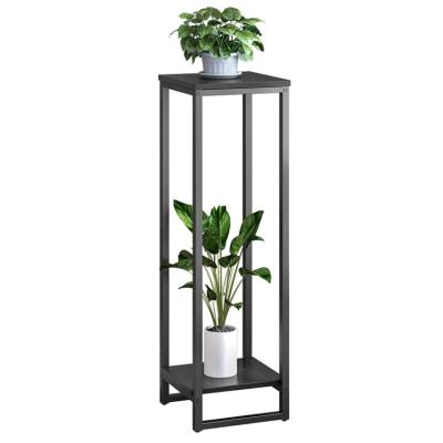 China 2 Tier Balcony Garden Wooden Flower Stands Black Frame Flower Stands Modern Viable Metal Plant Stand for sale