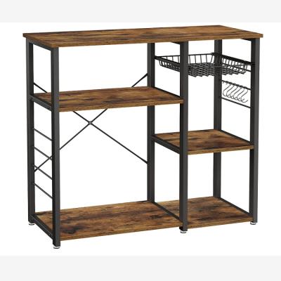 China Best Viable Selling Rustic Coffee Maker Dishes Storage Shelf Metal Frame Brown Microwave Oven Rack Kitchen Rack for sale