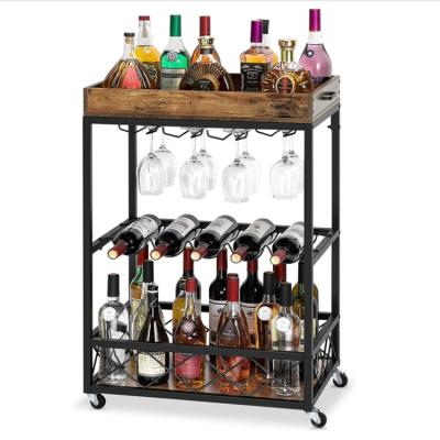 China Best Selling Modern Stemware Wine Rack Glass Wine Racks Detachable Tray Wooden Bar Cart for sale