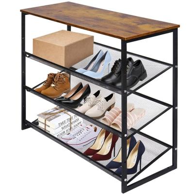 China (Others) Hot Sale Adjustable 4 Tiers Tilting Frame Freestanding Brown Wooden Shoe Organizer Metal Shoe Rack for sale