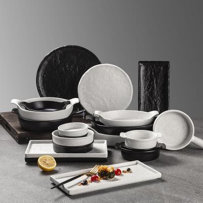 China Viable Wholesale Customize White And Black Japanese Style Ceramic Logo Porcelain Dish Dinnerware Set for sale