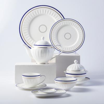 China Sustainable Luxury European Ceramic Portuguese Dinnerware Tableware Porcelain Embossed Floral Blue White Fine Poland Bone China Dinnerware for sale