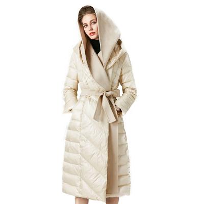 China Winter Sustainable Hooded Overcoats White Duck Down Long Women Feather Down Coats With Cashmere for sale