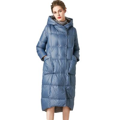 China Viable Fashionable Winter Hooded 90% White Duck Down Feather Coats Long Women Down Coats for sale