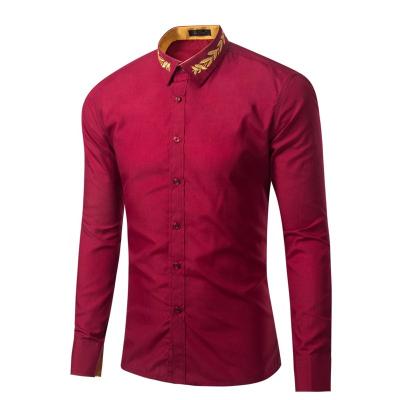 China Fashion Formal Solid Casual Business Anti-pilling Long Sleeve Rose Red Embroider Dress Shirts For Men for sale