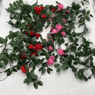 China Realistic High Quality Realistic Artificial Outdoor Hotel Decoration Rose Flower Vine Wedding Home Garden Wall Silk Fabric Flower Vine for sale