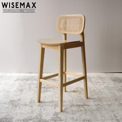 China WISEMAX Style WISEMAX FURNITURE Modern High Back Rattan Bar Stool Wooden Chair Cane Wicker Dining Chair For Restaurant Cafe for sale