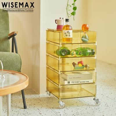 China WISEMAX FURNITURE 5 Tier (Other) Adjustable Storage Rack Trolley Living Room Sofa Plastic End Table Bed Acrylic Rolling Side Table With Wheel for sale