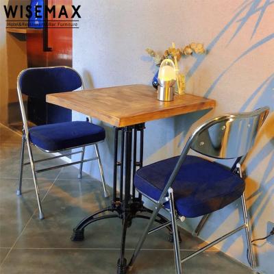 China Blue Metal Chair Table WISEMAX FURNITURE Restaurant Fabric Stainless Steel Folding Dining Chair Metal Iron Outdoor Solid Wood Dining Tables for sale