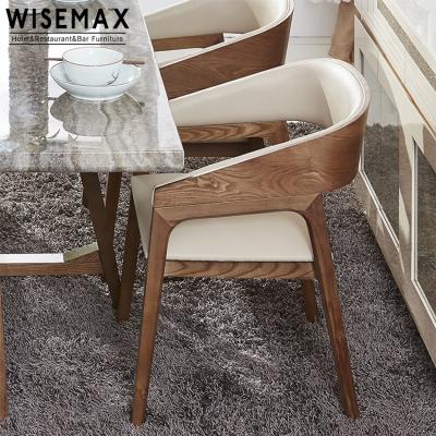 China Commercial Nordic Solid Wood Armchair WISEMAX FURNITURE Armrest Leather Leather Dining Chair For Restaurant Hotel Furniture for sale