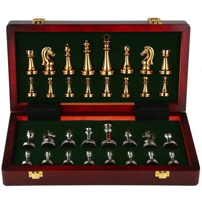 China Eco-friendly Material Premium Chess Gift Box Wooden Chess Board With Zinc Alloy Metal Bronze Children's Board Game Folding Special Chess for sale