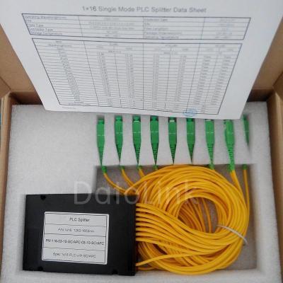 China FTTH FTTB FTTX Network Fiber Optic Splitter ABS 1*16 PLC Packing With Input And Output Cable for sale