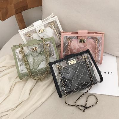 China Hot Selling Fashion 2 Females In 1 Diamond Lattice Mini Bags 2022 Clear PVC Handbag Beauty One Clear Shoulder Bag for sale