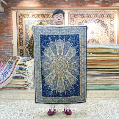 China YILONG Anti-Slip 2.7' x4 Blue Silk Blanket Liberty Handmade Carpets Home Decor Isfahan for sale