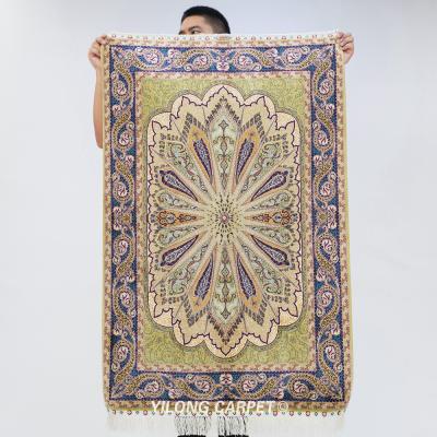 China YILONG Anti-Slip 2.7'x4'x4' Green Handwoven Silk Bedroom Rug Handmade Hereke Rug for sale