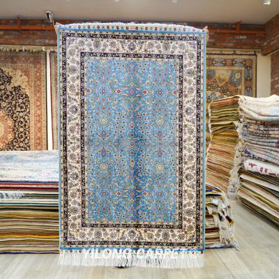 China YILONG Anti-Slip 2.7'x4' Hand Knotted All Over Blue Flower Pattern Handmade Indian Silk Rug Blanket for sale