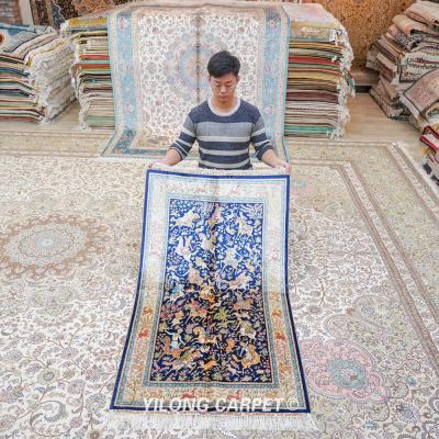 China YILONG Anti-Slip 3' x5 Chinese Silk Hunting Story Blanket Dark Blue Hand Knotted Blankets for sale