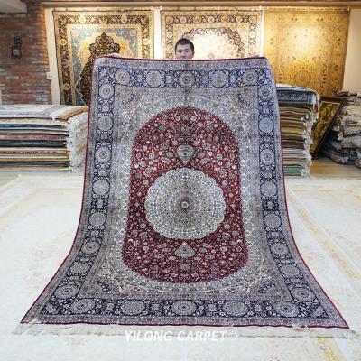 China YILONG Washable 6'x9' Red Persian Hand Knotted Floral Handwoven Silk Carpet Floor Rug for sale