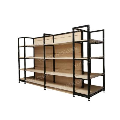 China Double Sided Wooden Color Supermarket Gondola Shelving Trade Show Display Shelving for sale