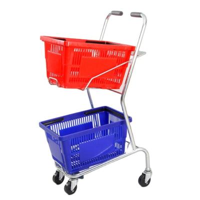 China Unfolding Two Tier Double Basket Shopping Trolley With Wheel for sale