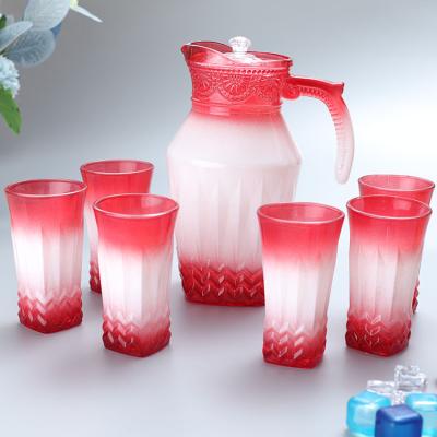 China New Style Viable 7pcs White With Color Glass Water Jug Set Tumbler Jug Glass Pitcher Set With Lid Drinking Set for sale