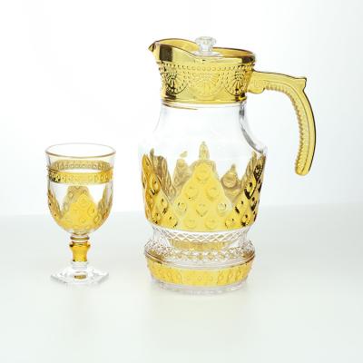 China Wholesale Viable 7pcs Glass Water Jug Gold Water Set Tumbler Jug Glass Pitcher Set With Lid Drinking Set for sale