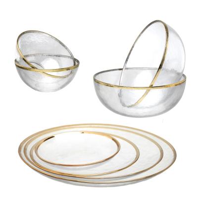 China High Quality Viable Glass Soup Noodle Salad Bowl With Gold Rim And Clear Round Glass Cake Dish Dish Set For Home Dinnerware for sale