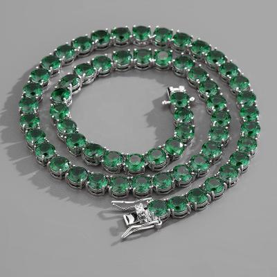 China Hiphop Vintage 7MM One Row Green Emerald Stone Necklace Luxury Tennis Cuban Link Chain Necklace for sale