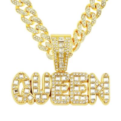 China Crystal Hiphop Hitter Jewelry Queen Chain Necklace Letter Pendant Fashion Cuban Link Stone Hiphop Wand for sale