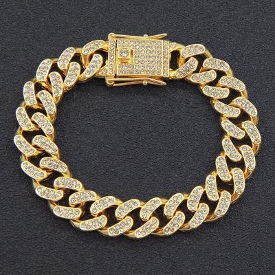 China Hiphop 13MM Full Diamond CZ Cuban Link Chain Bracelet Men Women Cuban Link Faux Stone Chain Bracelet for sale