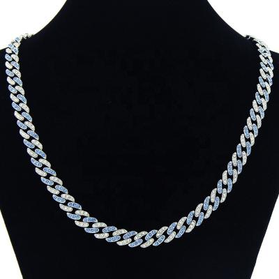 China Hiphop Iced Out Miami Cuban Link Necklace Thin Blue&White Crystal Zircon 9MM Cuban Chain for sale